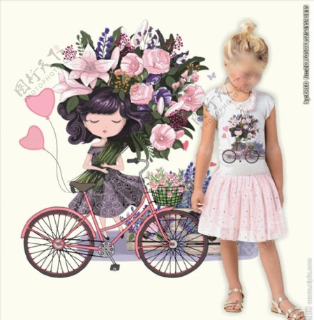 植物花朵花卉小女孩自行车图案