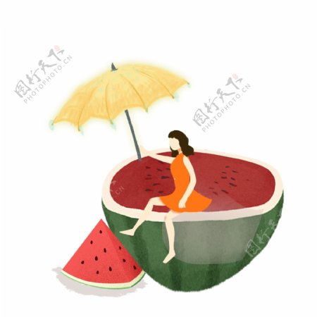 夏季手绘撑着伞坐在西瓜上的女孩
