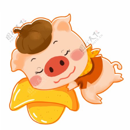 手绘可爱猪猪躺在金元宝睡觉原创元素