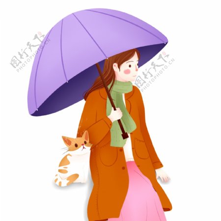 彩绘撑着伞的女孩和猫可商用元素