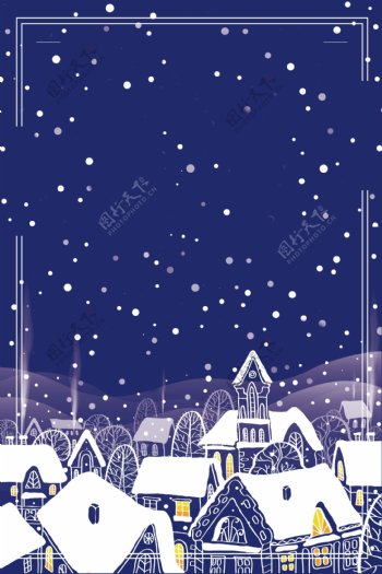 蓝色冬季大雪节气村庄背景素材