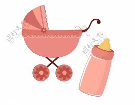 清新唯美粉色婴儿车奶瓶元素