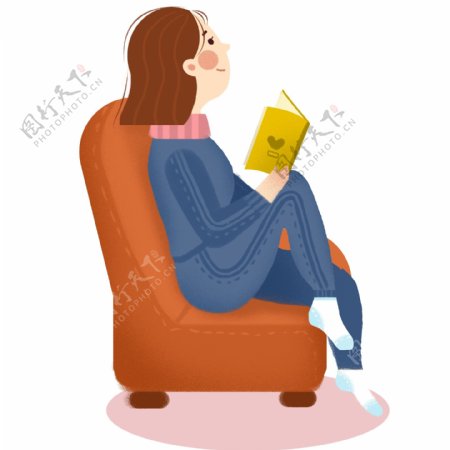 温馨坐在沙发上看书的女孩可商用元素