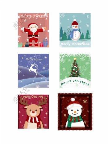 手绘圣诞节邮票小贴纸彩色套图可商用元素