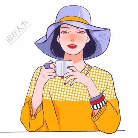 手绘优雅时尚喝咖啡的女性