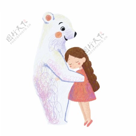 温暖治愈系女孩拥抱白熊线圈插画元素