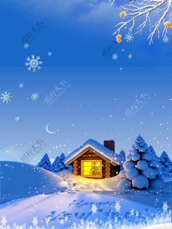蓝色天空雪花夜景冬天快乐背景