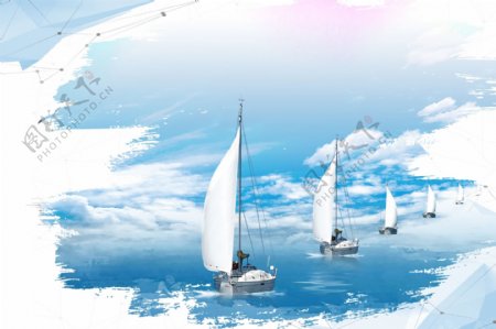 海上帆船海鸥海报背景设计