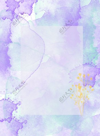 原创水彩紫兰白泼墨方框背景素材