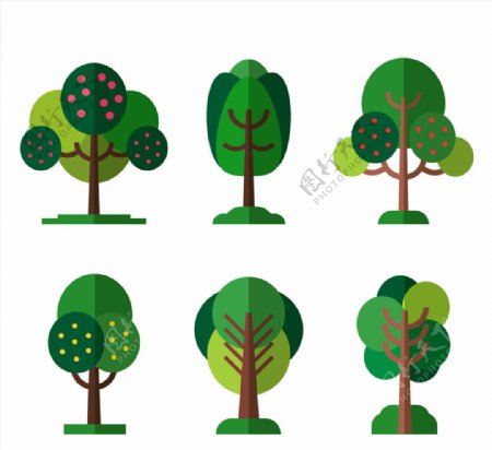 6款扁平化绿色树木矢量素材