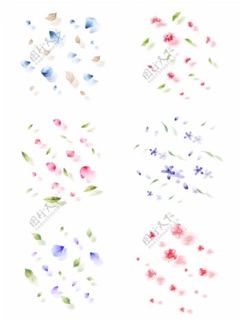 水彩手绘漂浮花瓣树叶套图元素