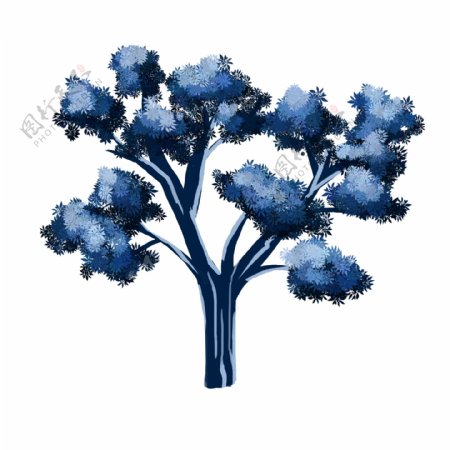手绘蓝色冬季树木