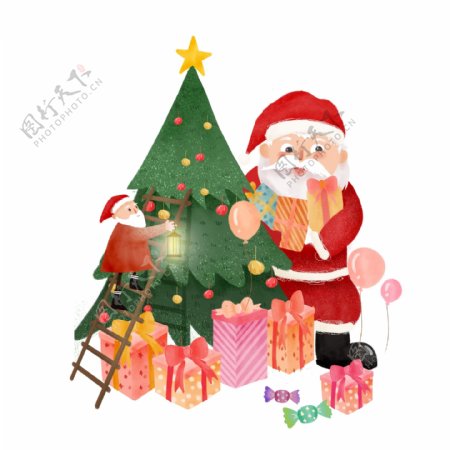 圣诞树和圣诞老人圣诞节元素卡通设计