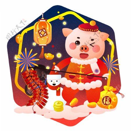 2019新年快乐猪放鞭炮形象原创矢量元素
