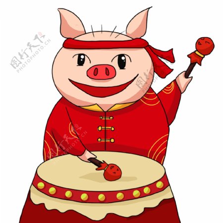中国风打鼓猪猪卡通设计