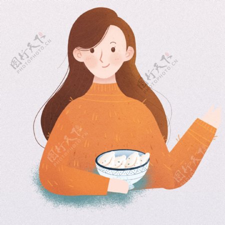 冬至拿着一碗饺子的女孩卡通设计