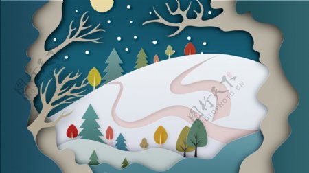手绘西方节日圣诞节雪景背景素材