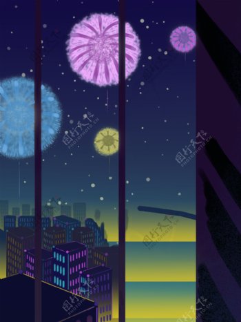 彩绘新年烟花夜景背景素材