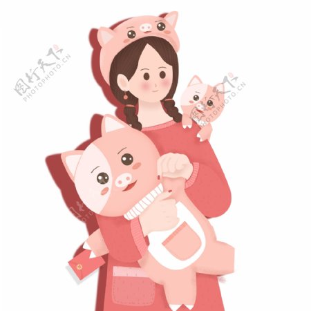 猪年猪猪和女孩卡通粉色设计