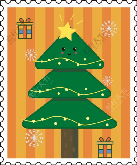 圣诞松树邮票矢量卡通可商用元素