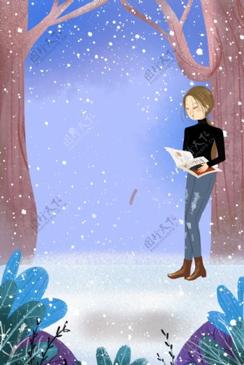 冬季树林看书的女孩背景素材