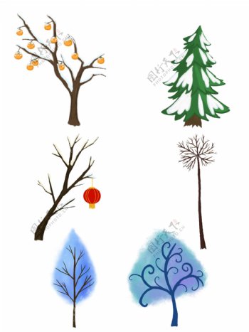 原创手绘冬季枯树树木