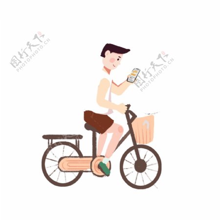 一边骑自行车一边玩手机的男孩