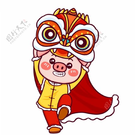 喜庆中国风舞狮的小猪形象设计元素