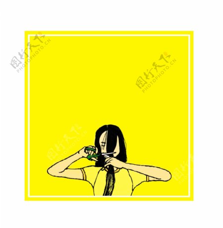黄色卡通手绘长发美女边框元素