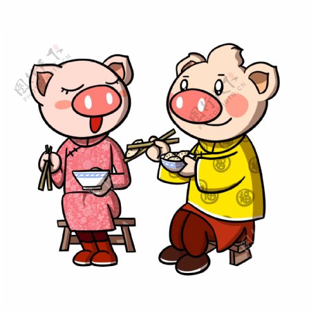 卡通新年小猪吃饺子png透明底