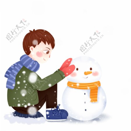唯美清新冬季大雪中堆雪人的男孩