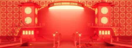 全原创3D空间红色春节小桥阁楼喜庆背景