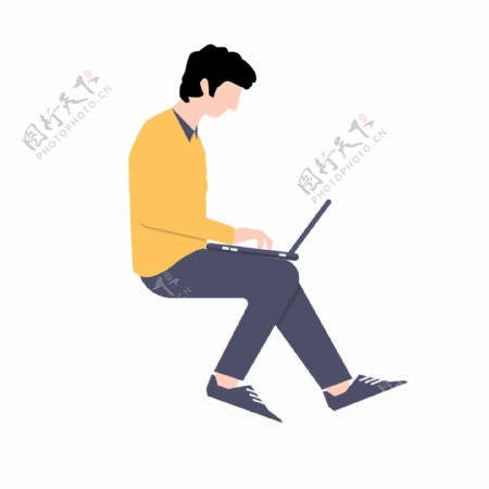 坐着玩电脑的男孩手绘元素