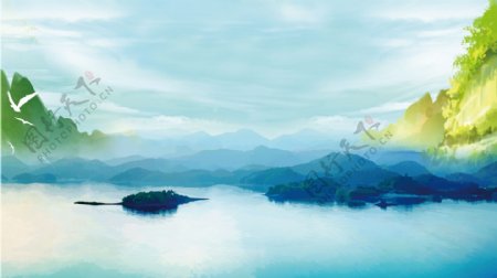 彩绘千岛湖风景背景设计