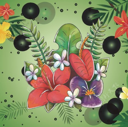 水彩绘热带花束