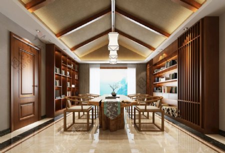 中式书房茶室3D模型