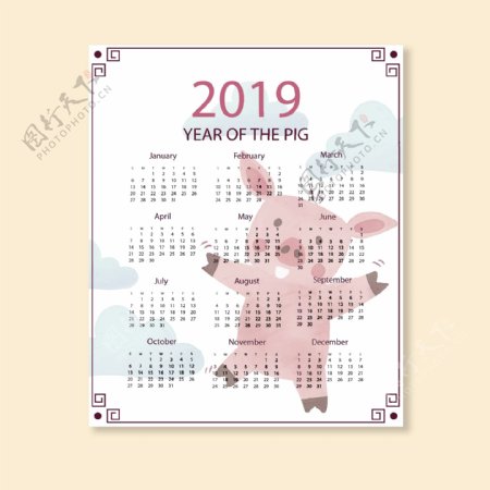 2019水彩中国风格日历
