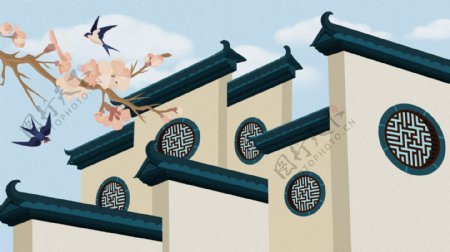 中国风徽式建筑古风建筑插画