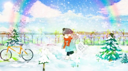 唯美清新冬季雪景创意冬日私语男孩玩耍插画