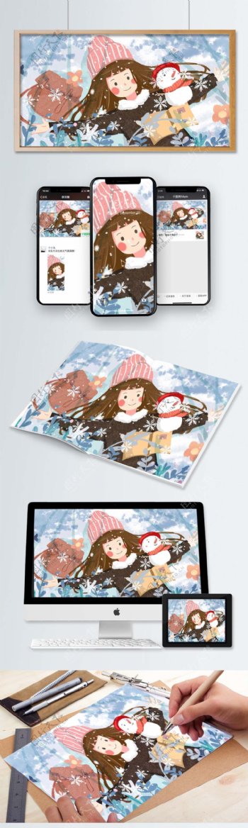你好冬天女孩和雪人躺在午后的雪地可爱插画