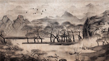 唯美中国风复古水墨画风景画中国水墨插画