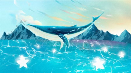 清新唯美手绘治愈系海蓝时见鲸插画