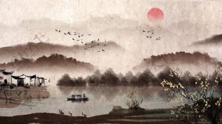 古风唯美复古中国风水彩画水墨画插画
