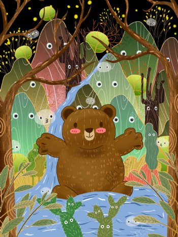 原创山物记精灵棕熊河中玩耍插画