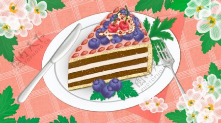 原创美食下午茶甜品蓝莓蛋糕插画