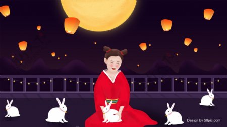 唯美中秋节抱玉兔女孩与孔明灯插画