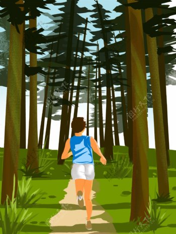 清晨森林中漫跑的人运动插画