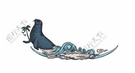海豹海浪动物线条海洋生物