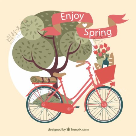 春季树木与单车矢量素材