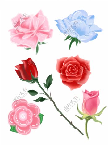 手绘各种颜色风格玫瑰花